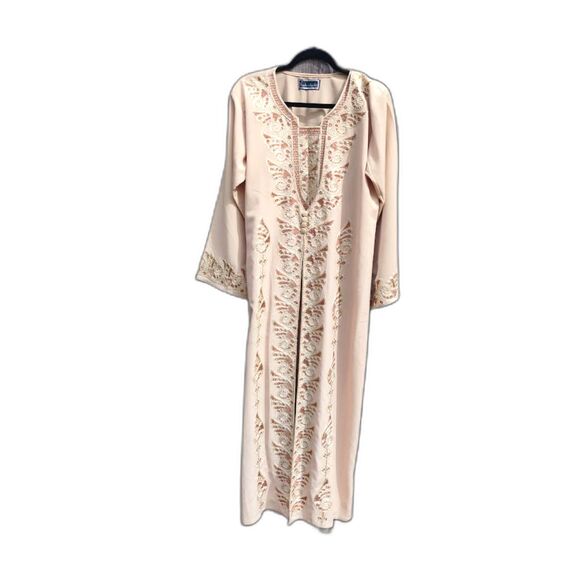 Muslim Ramadan & Eid al-Fitr Arabian Tan Beaded Embroidered Jalabiyat Abaya Sz L - Picture 1 of 15